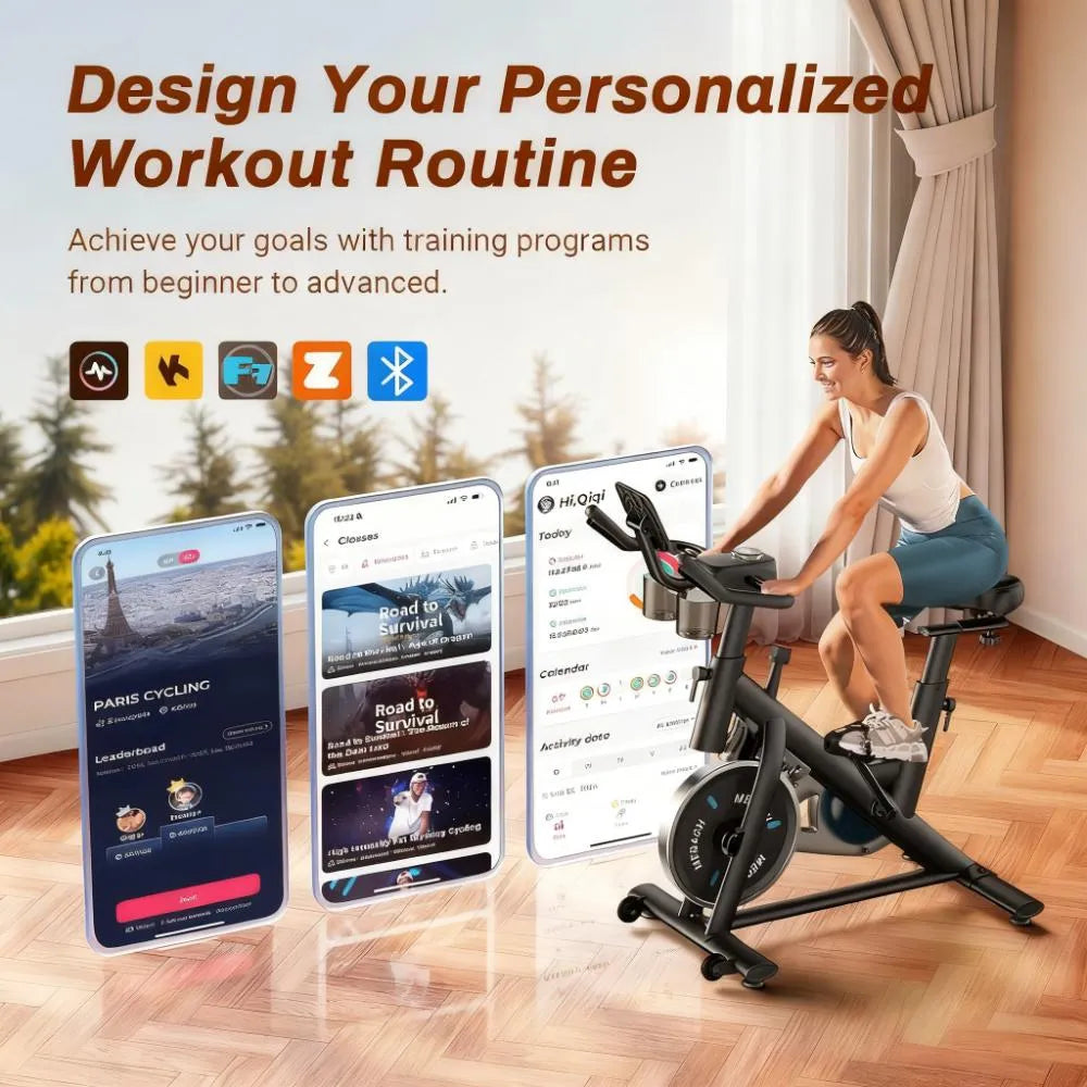 Smart Silent Exercise Bike with Exclusive App, 300lbs Capacity for Home Fitness
